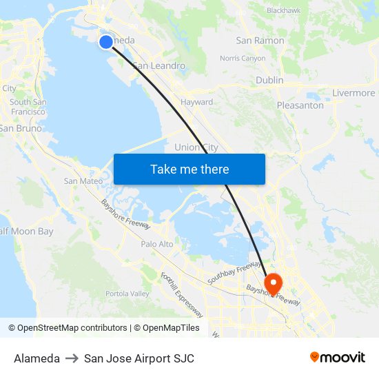 Alameda to San Jose Airport SJC map