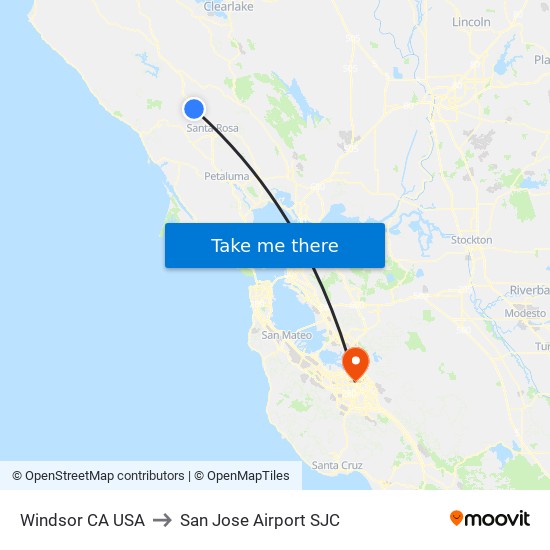 Windsor CA USA to San Jose Airport SJC map