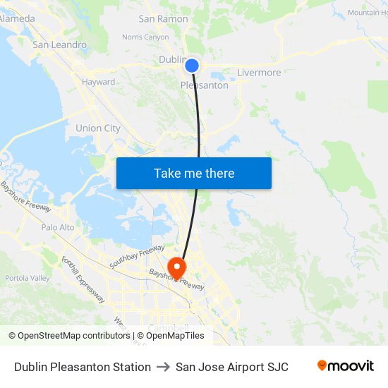 Dublin Pleasanton Station to San Jose Airport SJC map