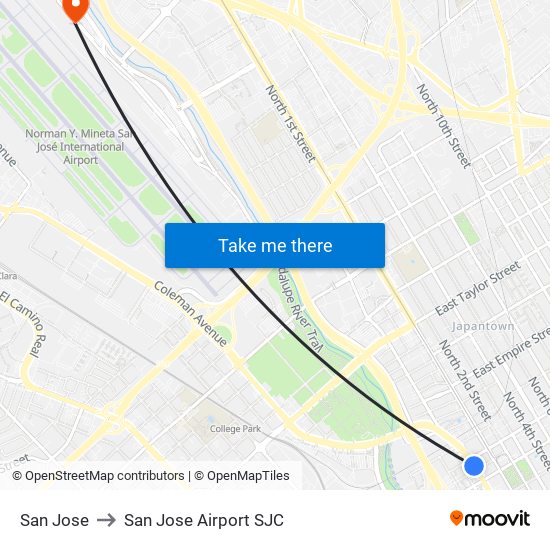 San Jose to San Jose Airport SJC map