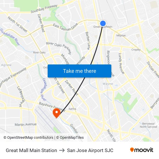 Great Mall Main Station to San Jose Airport SJC map