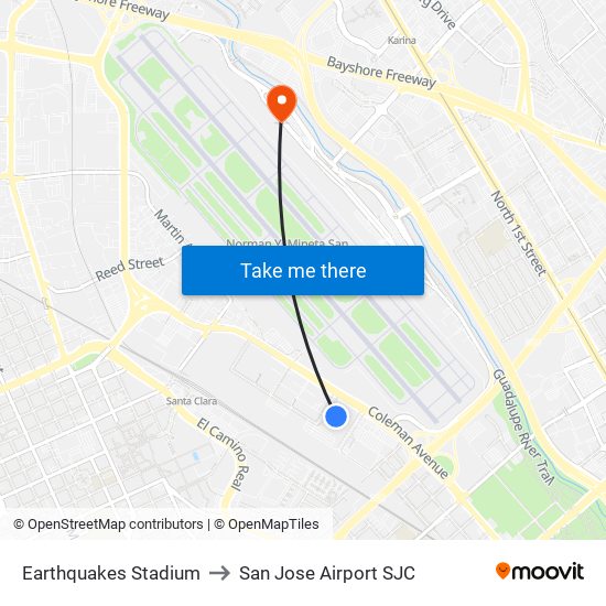 Earthquakes Stadium to San Jose Airport SJC map