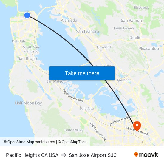 Pacific Heights CA USA to San Jose Airport SJC map