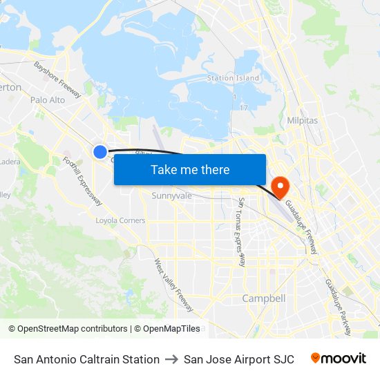 San Antonio Caltrain Station to San Jose Airport SJC map