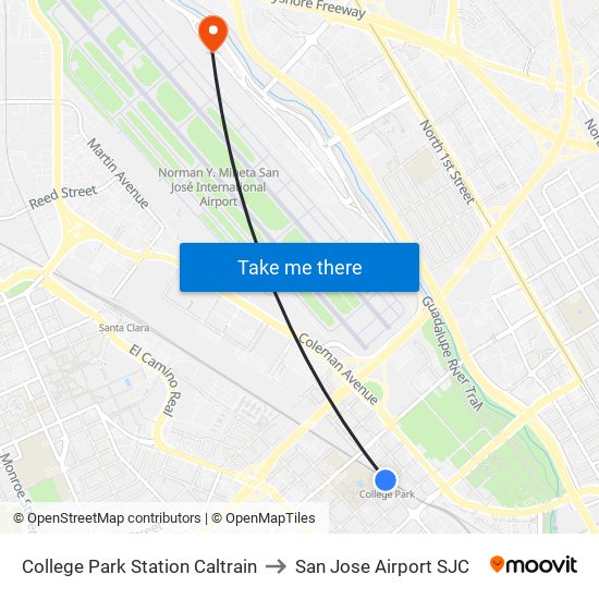 College Park Station Caltrain to San Jose Airport SJC map