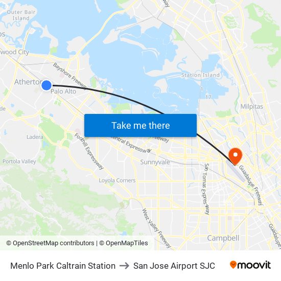 Menlo Park Caltrain Station to San Jose Airport SJC map