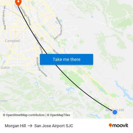 Morgan Hill to San Jose Airport SJC map