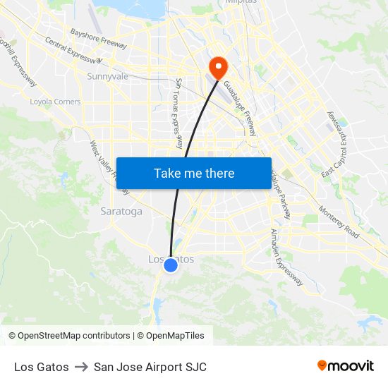 Los Gatos to San Jose Airport SJC map