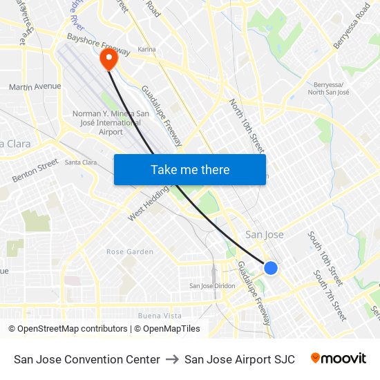 San Jose Convention Center to San Jose Airport SJC map