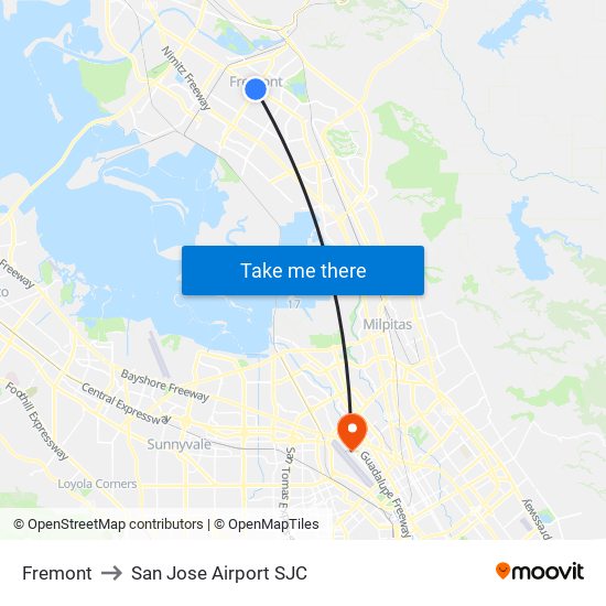 Fremont to San Jose Airport SJC map