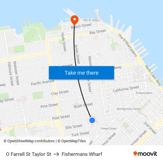 O Farrell St Taylor St to Fishermans Wharf map