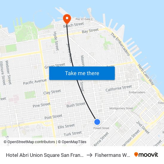 Hotel Abri Union Square San Francisco to Fishermans Wharf map