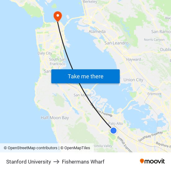 Stanford University to Fishermans Wharf map