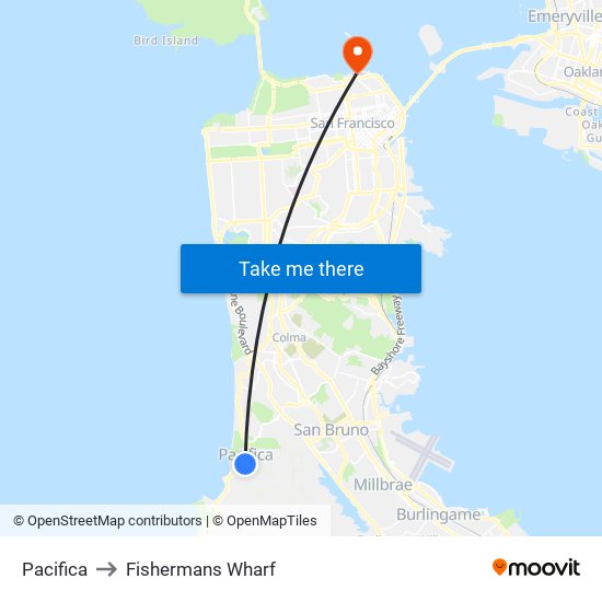 Pacifica to Fishermans Wharf map