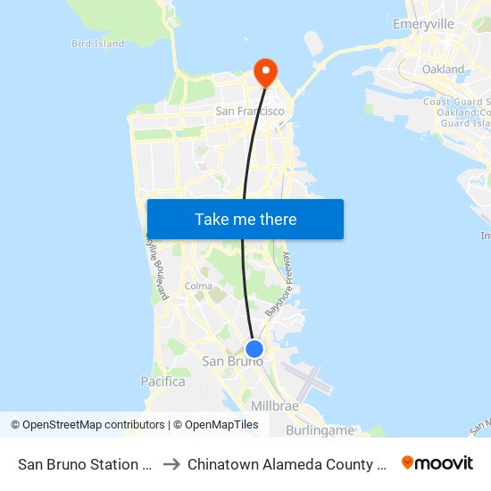 San Bruno Station BART to Chinatown Alameda County CA USA map