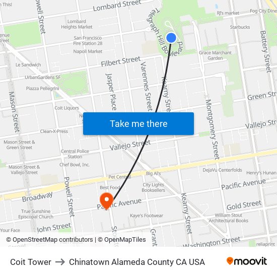 Coit Tower to Chinatown Alameda County CA USA map