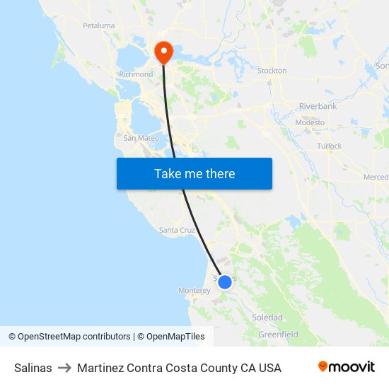 Salinas to Martinez Contra Costa County CA USA map
