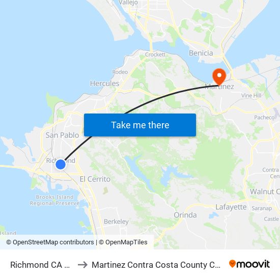 Richmond CA USA to Martinez Contra Costa County CA USA map