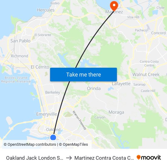 Oakland Jack London Square Station to Martinez Contra Costa County CA USA map