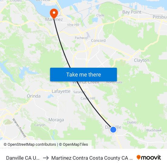 Danville CA USA to Martinez Contra Costa County CA USA map