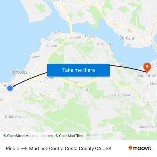 Pinole to Martinez Contra Costa County CA USA map