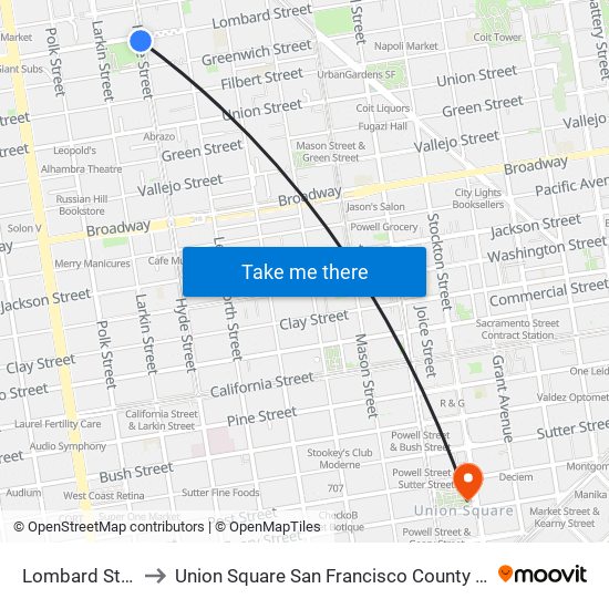 Lombard Street to Union Square San Francisco County CA USA map