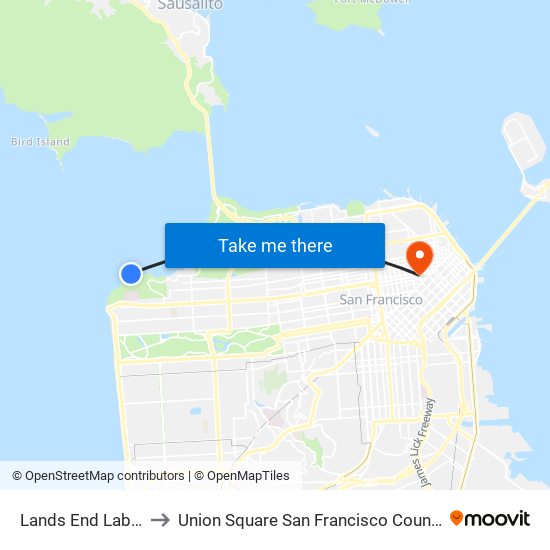 Lands End Labyrinth to Union Square San Francisco County CA USA map