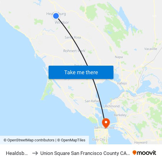 Healdsburg to Union Square San Francisco County CA USA map