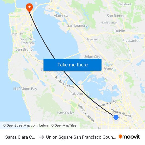 Santa Clara CA USA to Union Square San Francisco County CA USA map