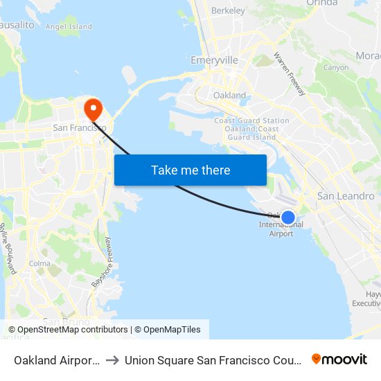 Oakland Airport OAK to Union Square San Francisco County CA USA map