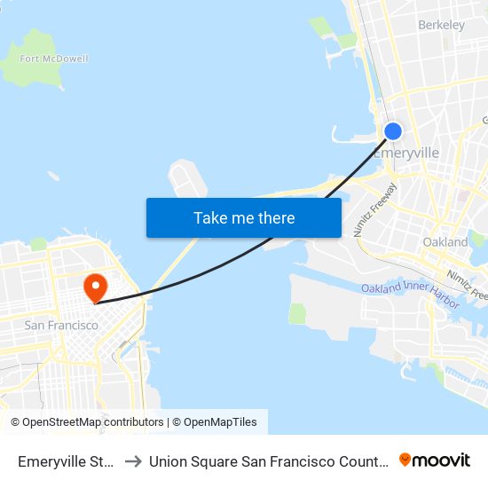 Emeryville Station to Union Square San Francisco County CA USA map