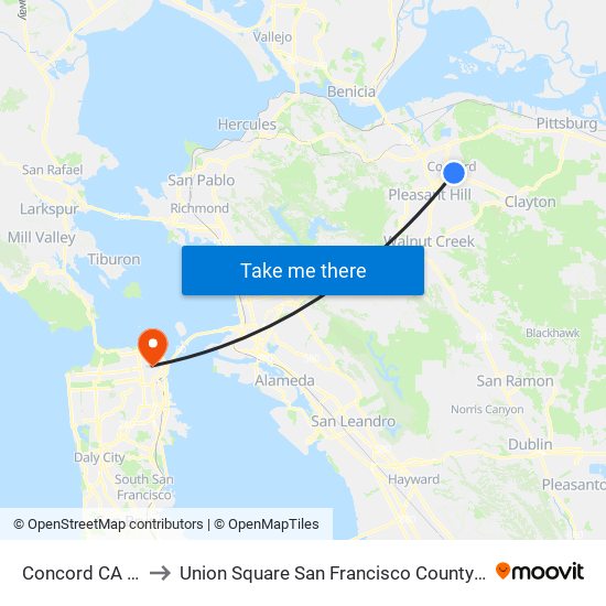 Concord CA USA to Union Square San Francisco County CA USA map