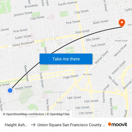 Haight Ashbury to Union Square San Francisco County CA USA map