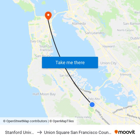 Stanford University to Union Square San Francisco County CA USA map