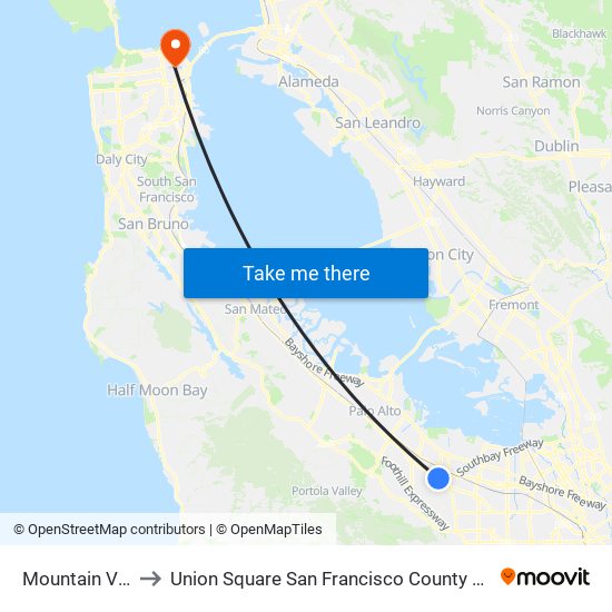 Mountain View to Union Square San Francisco County CA USA map
