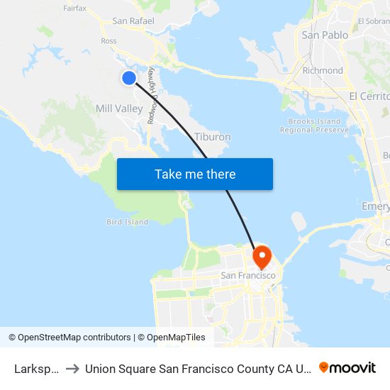Larkspur to Union Square San Francisco County CA USA map