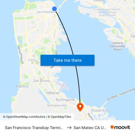 San Francisco Transbay Terminal to San Mateo CA USA map