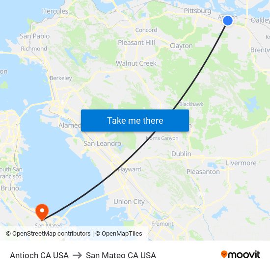 Antioch CA USA to San Mateo CA USA map