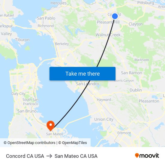 Concord CA USA to San Mateo CA USA map