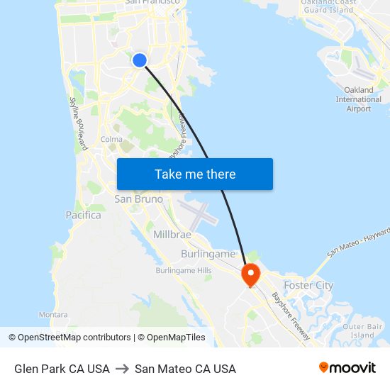Glen Park CA USA to San Mateo CA USA map