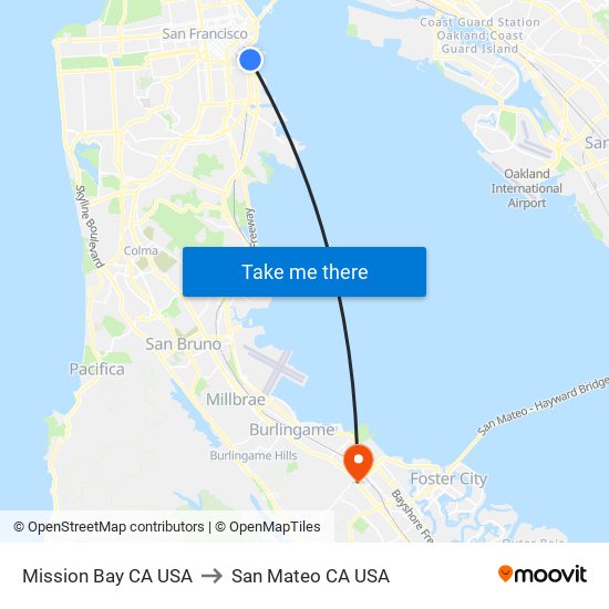 Mission Bay CA USA to San Mateo CA USA map