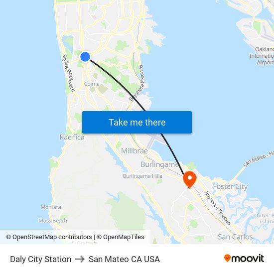 Daly City Station to San Mateo CA USA map