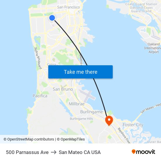 500 Parnassus Ave to San Mateo CA USA map