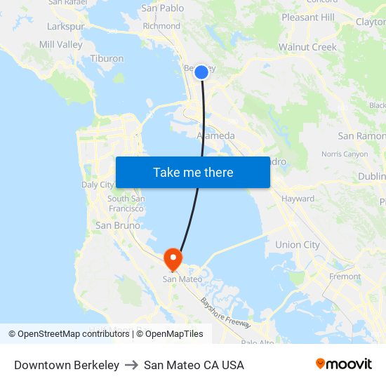 Downtown Berkeley to San Mateo CA USA map