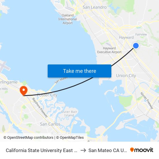 California State University East Bay to San Mateo CA USA map