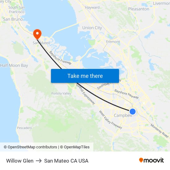 Willow Glen to San Mateo CA USA map