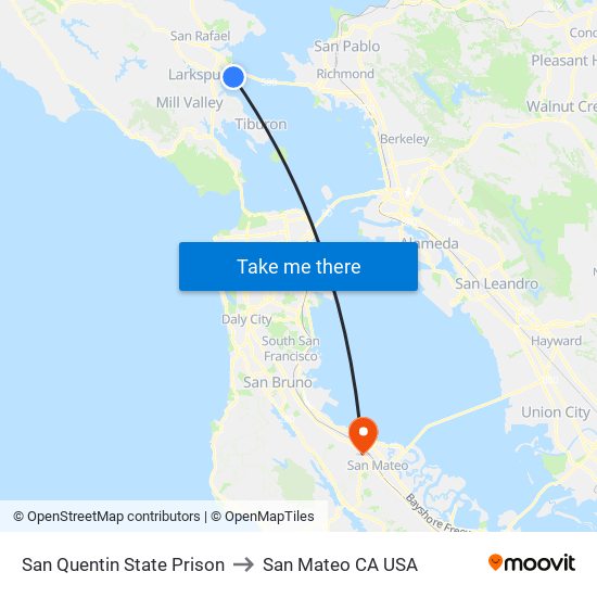 San Quentin State Prison to San Mateo CA USA map