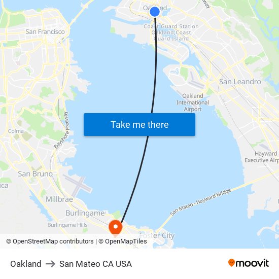 Oakland to San Mateo CA USA map