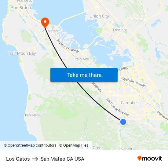 Los Gatos to San Mateo CA USA map