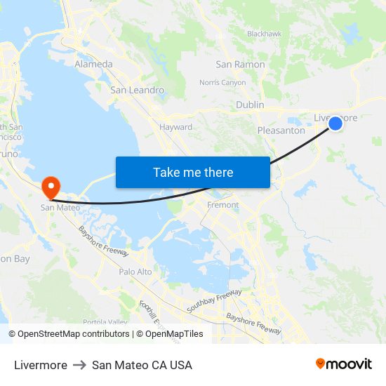 Livermore to San Mateo CA USA map